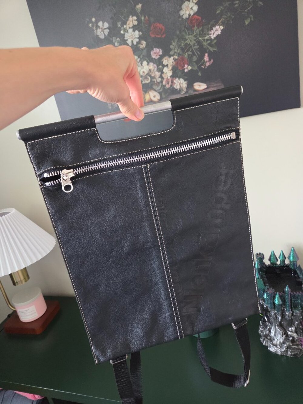 Rare Nienkamper Womens Black Gre Leather Flat Tote Bag Zippered Handbag Backpack